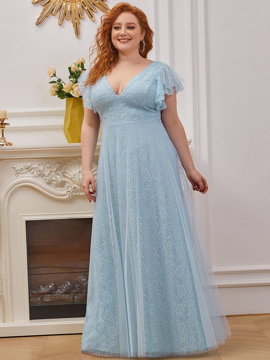 Double V Neck Maxi Lace Evening Dresses with Ruffle Sleeves - Image 10