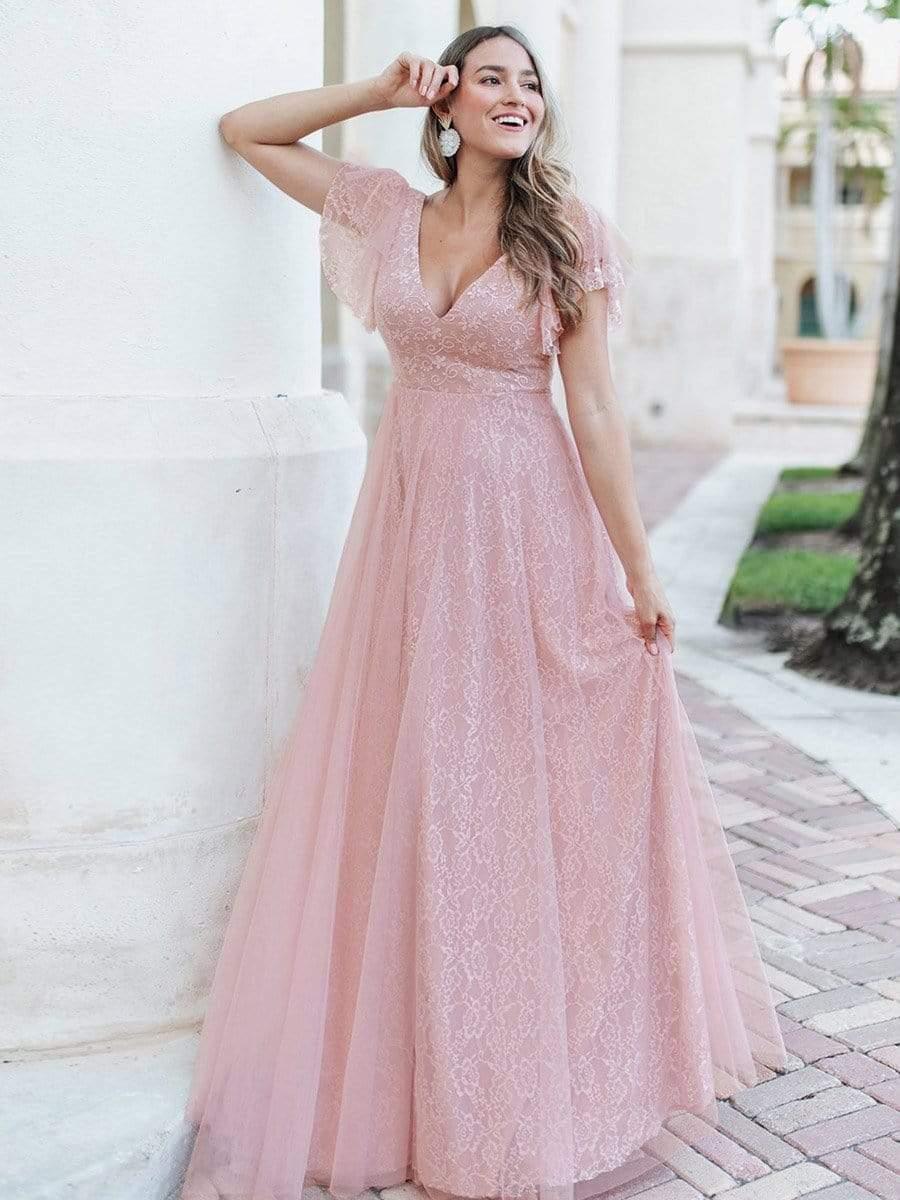 Double V Neck Maxi Lace Evening Dresses with Ruffle Sleeves - Image 21