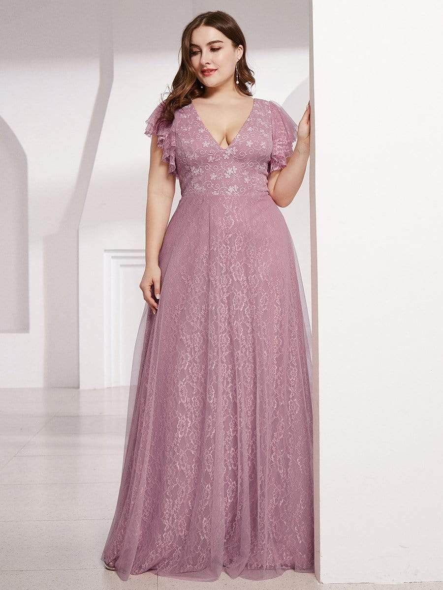 Double V Neck Maxi Lace Evening Dresses with Ruffle Sleeves - Image 33