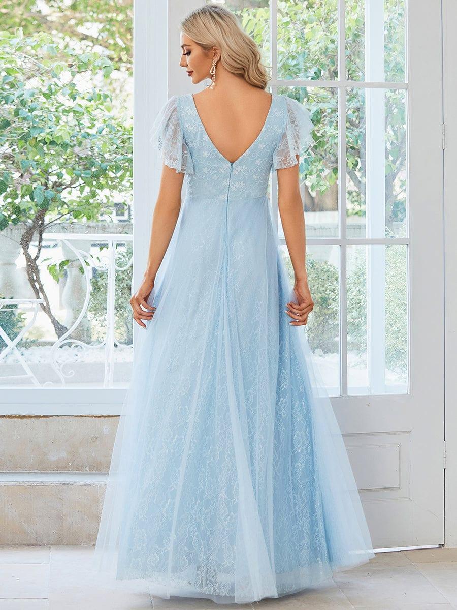 Double V Neck Maxi Lace Evening Dresses with Ruffle Sleeves - Image 4