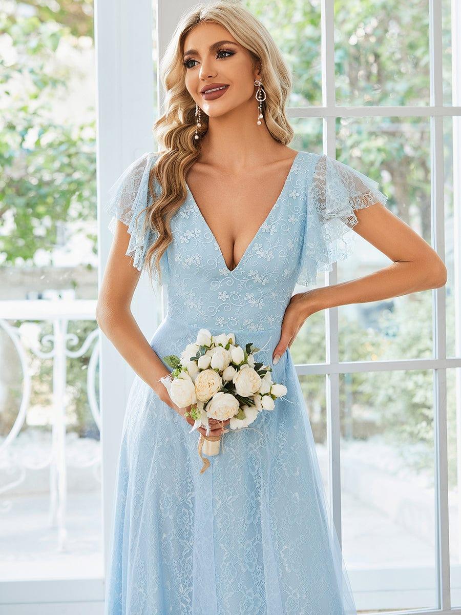 Double V Neck Maxi Lace Evening Dresses with Ruffle Sleeves - Image 5