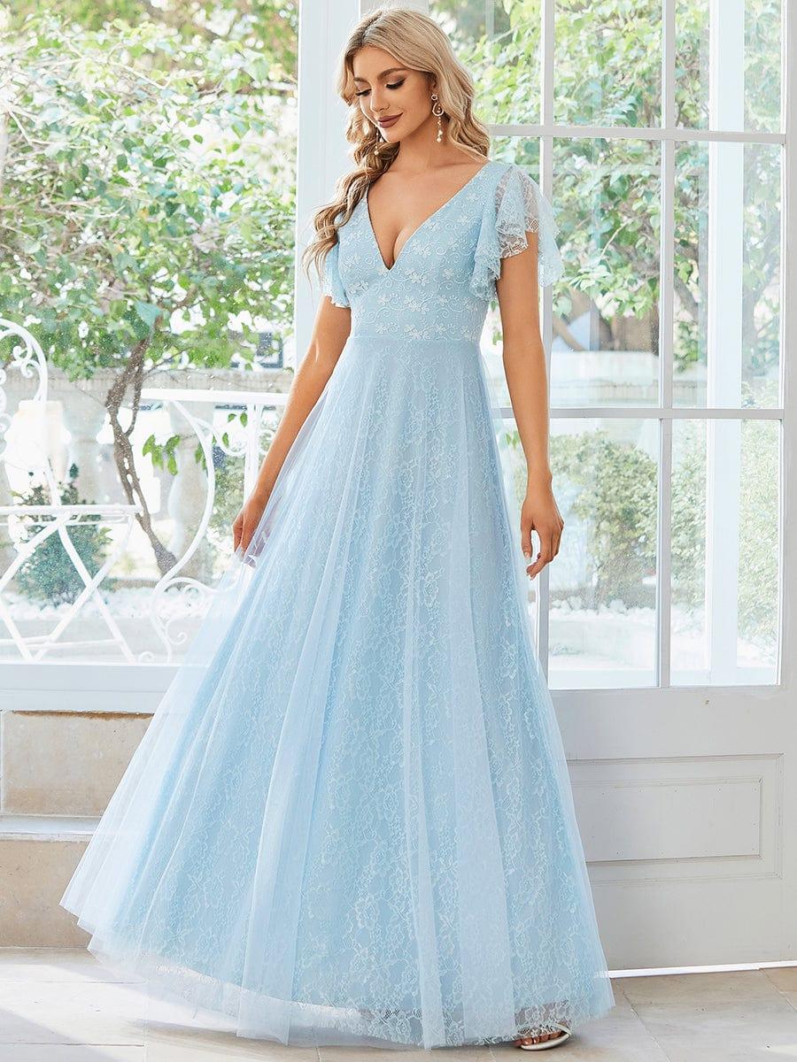 Double V Neck Maxi Lace Evening Dresses with Ruffle Sleeves - Image 7