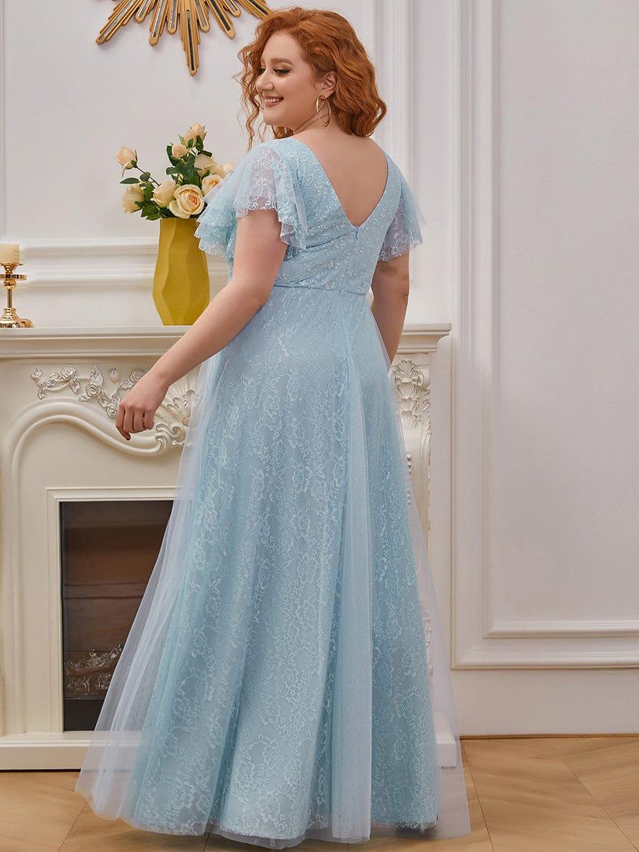 Double V Neck Maxi Lace Evening Dresses with Ruffle Sleeves - Image 9