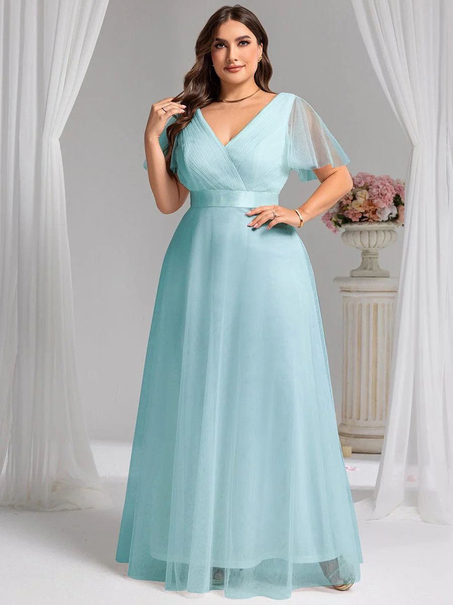pretty MISTE|Plus Size Floor-Length Bridesmaid Dress with Short Sleeve - Image 56