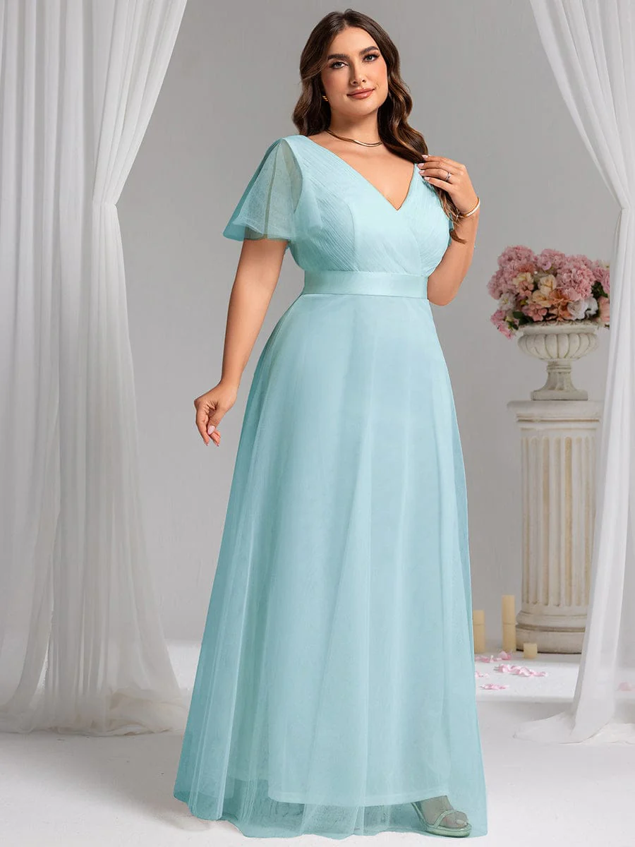 pretty MISTE|Plus Size Floor-Length Bridesmaid Dress with Short Sleeve - Image 55