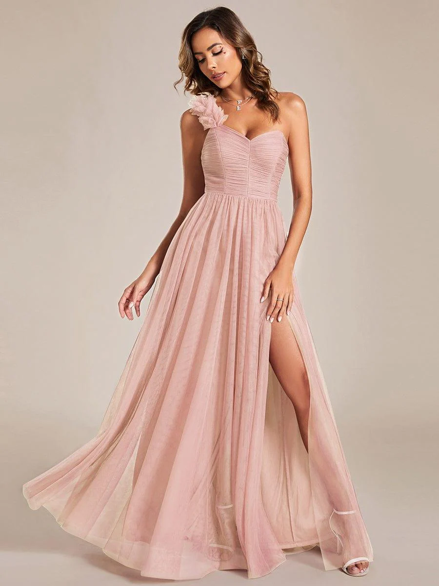 ever CLOE|Elegant One Shoulder Maxi Tulle High Slit Dress In Pink - Image 5