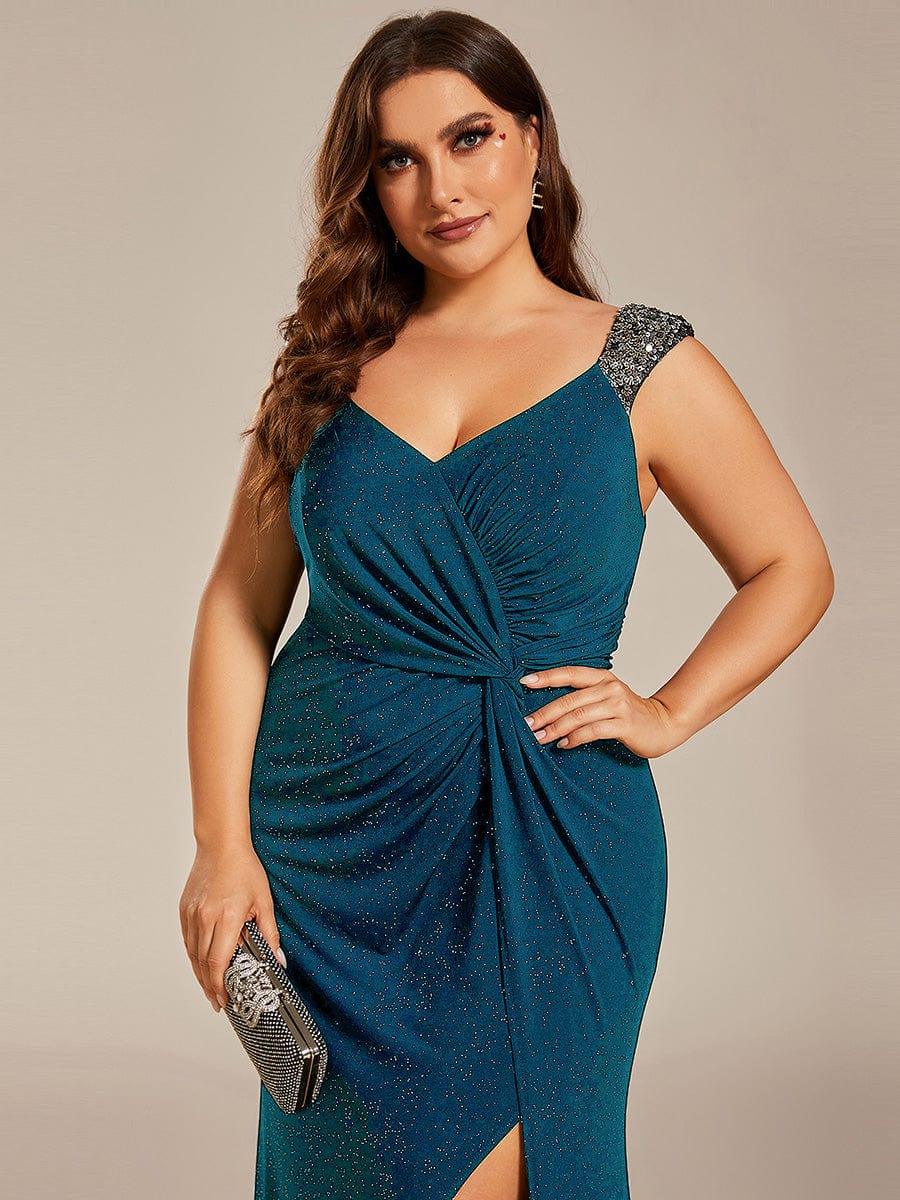 ever NOIRE|Elegant Sequin V Neck High Slit Wedding Guest Dress - Image 23