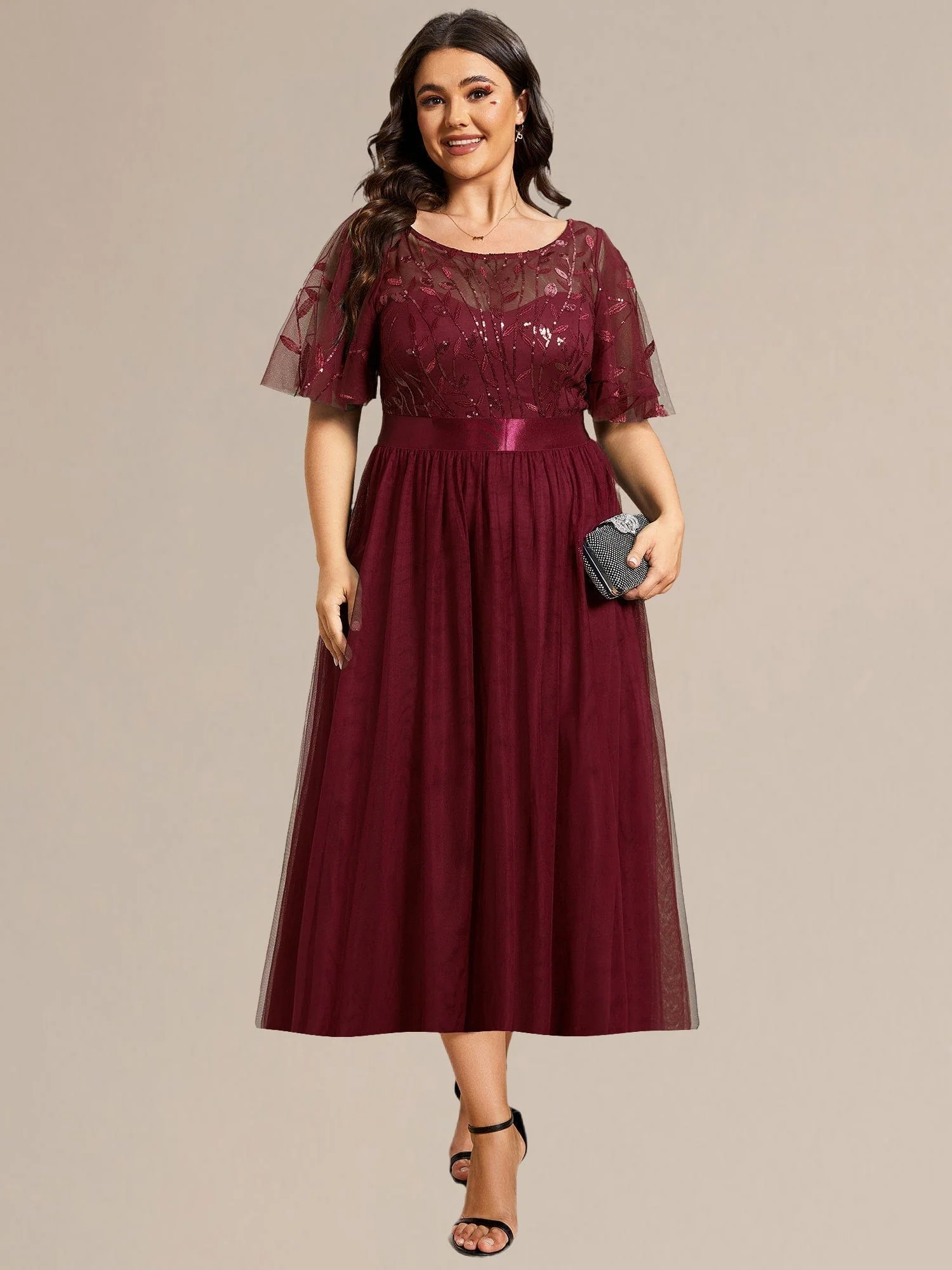 ever TAYLOR|Designer Sequin Leaf Midi Wedding Guest Dress - Image 3