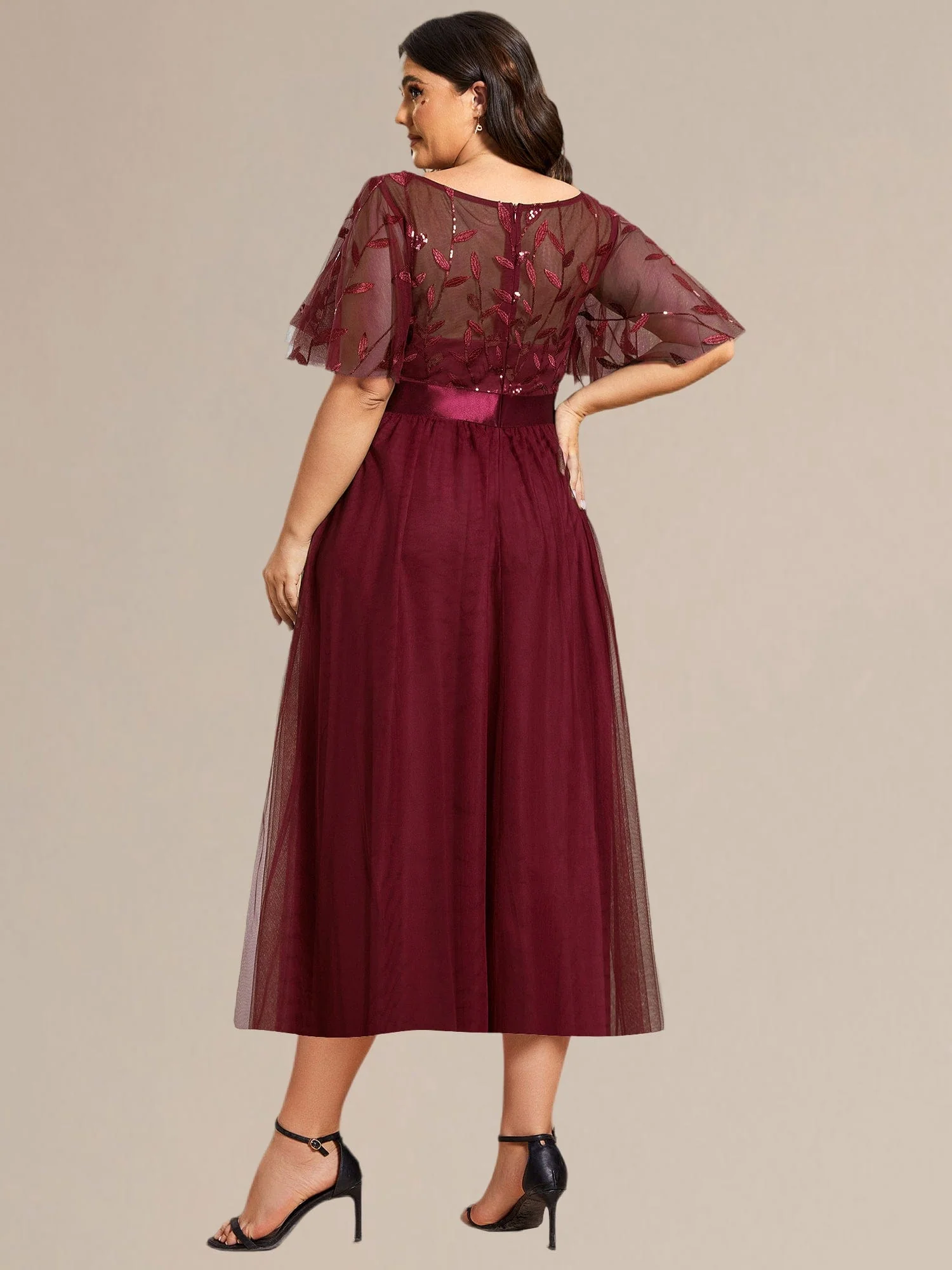 ever TAYLOR|Designer Sequin Leaf Midi Wedding Guest Dress - Image 16