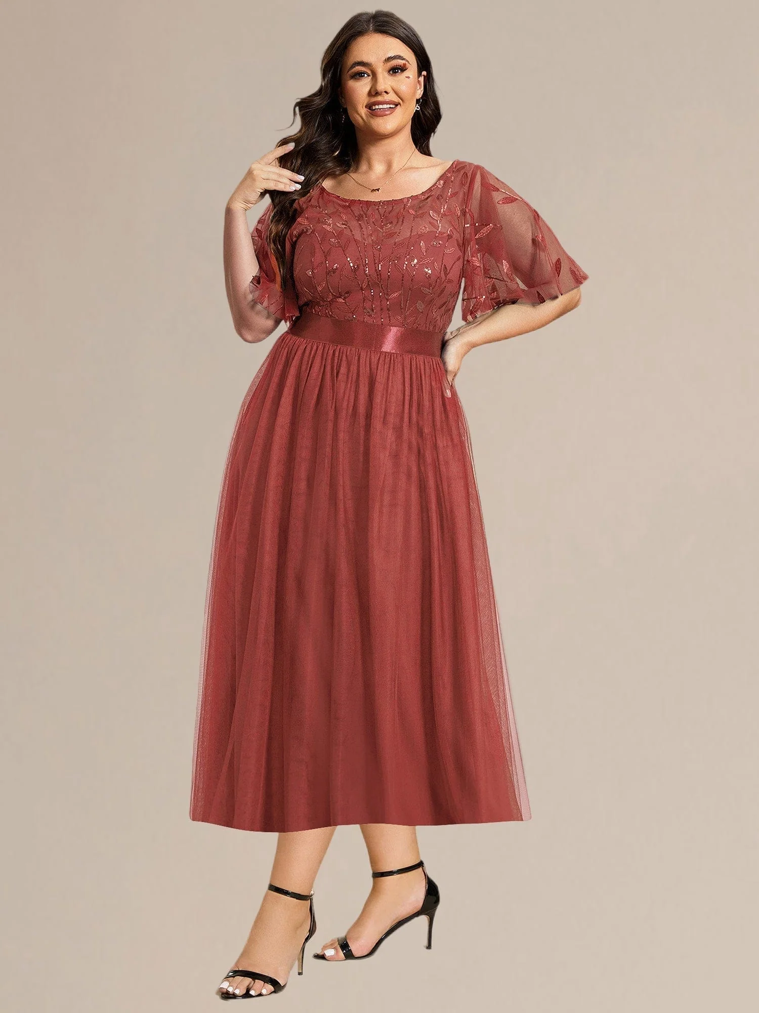 ever TAYLOR|Designer Sequined Leaf Midi Evening Dress - Image 26