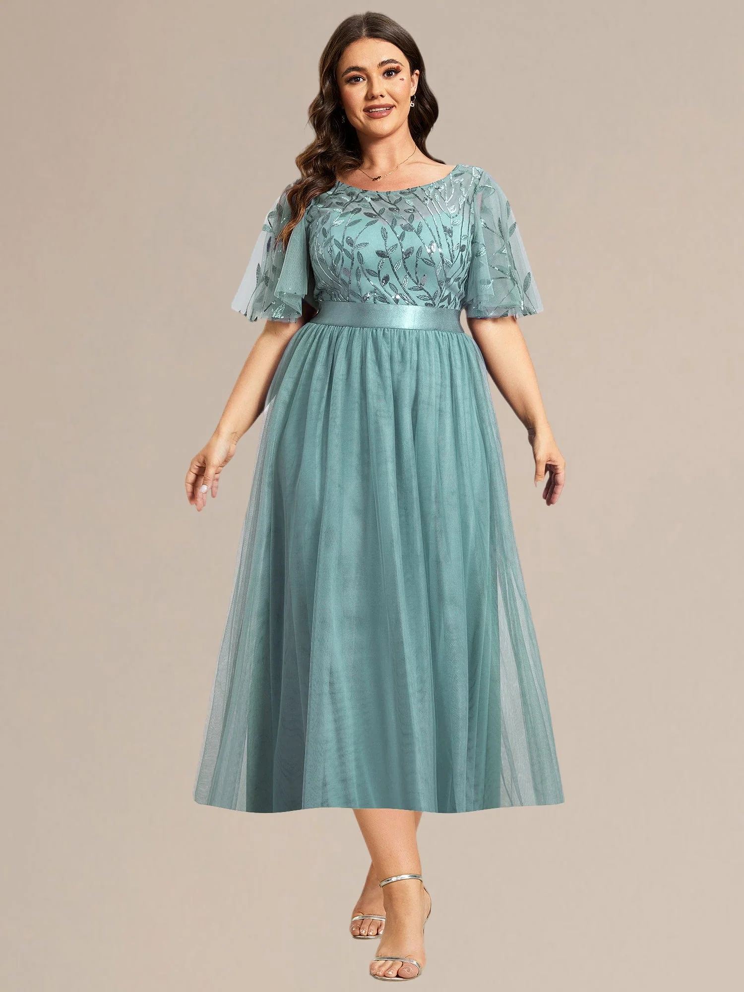 ever TAYLOR|Designer Sequin Leaf Midi Wedding Guest Dress - Image 29