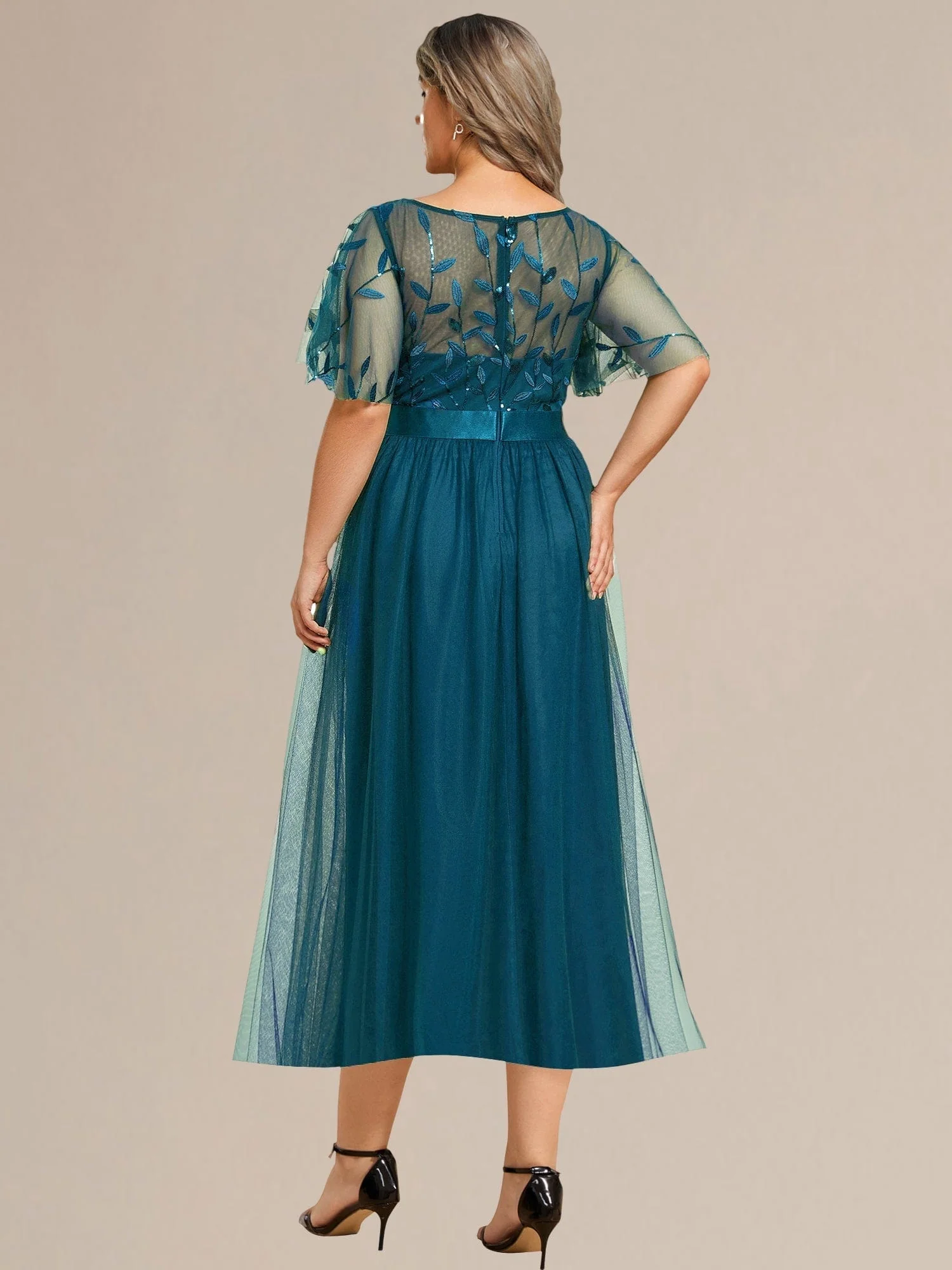 ever TAYLOR|Designer Sequin Leaf Midi Wedding Guest Dress - Image 53