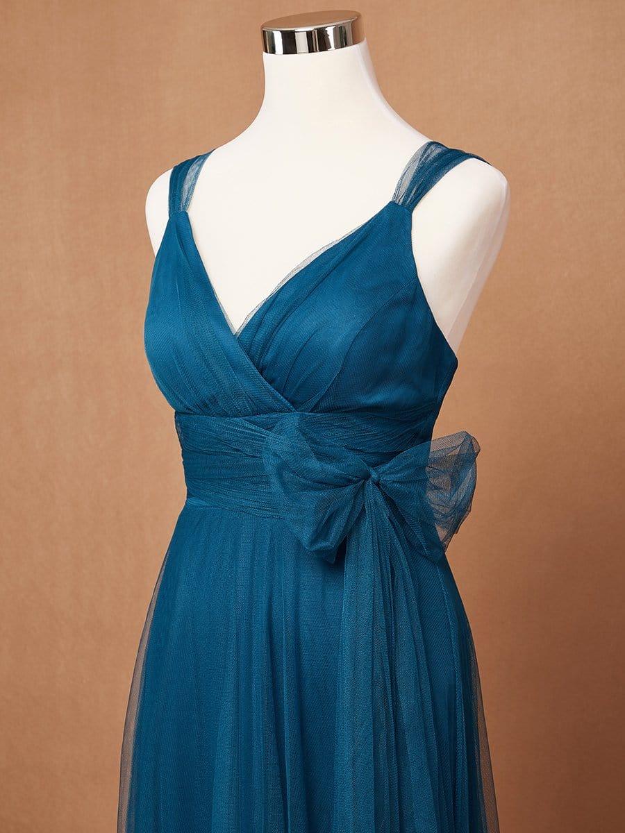 Floor Length Double V Neck Tulle Bridesmaid Dresses - Image 15