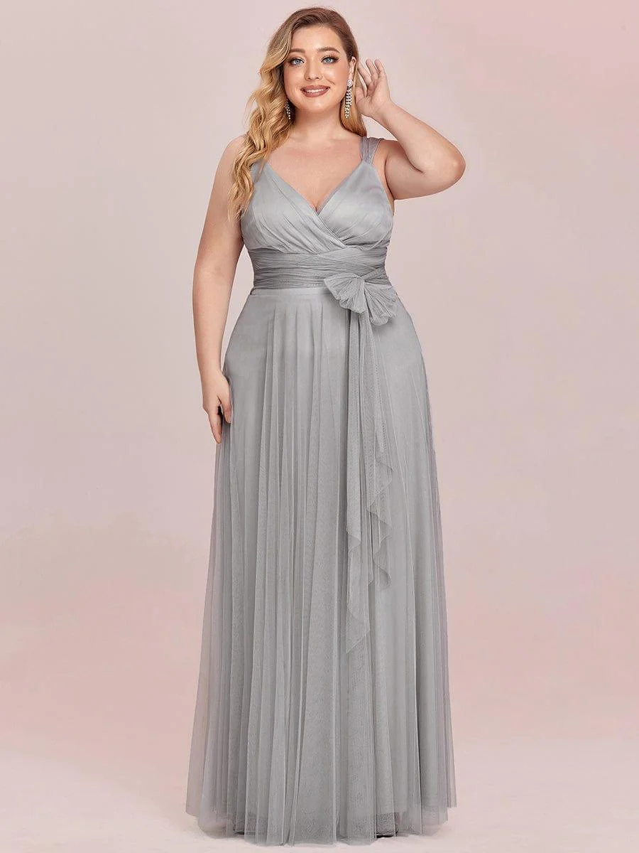 Floor Length Double V Neck Tulle Bridesmaid Dresses - Image 29