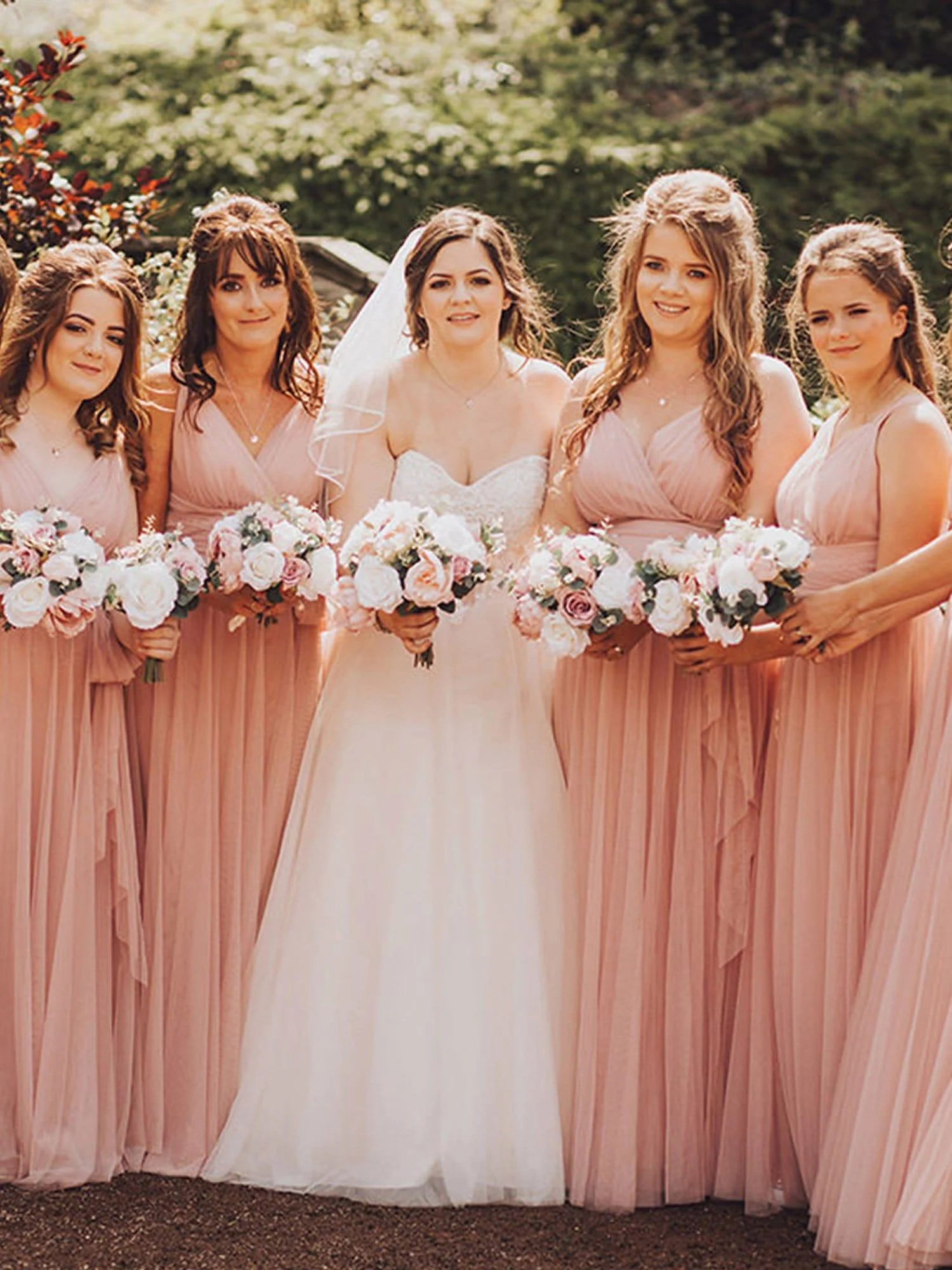 Floor Length Double V Neck Tulle Bridesmaid Dresses - Image 6