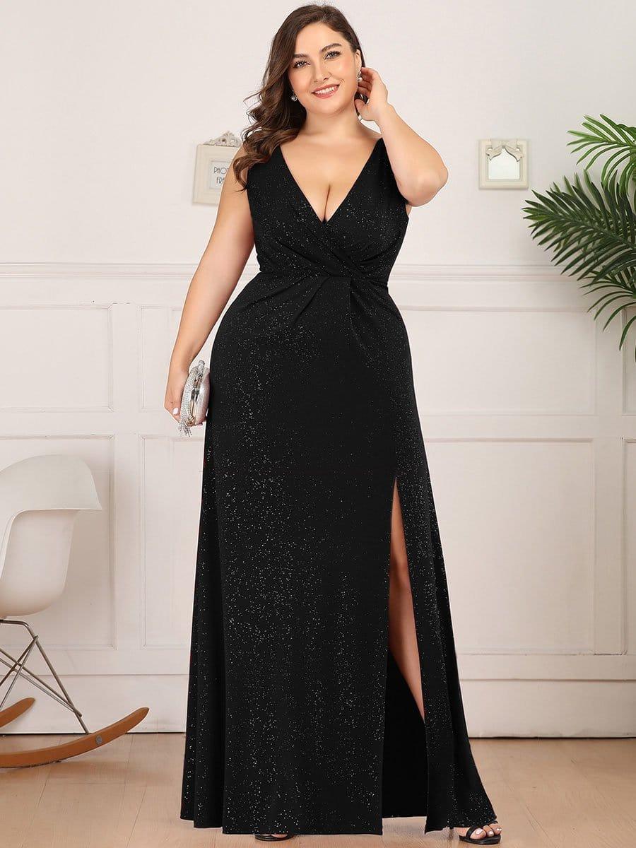 Floor Length V Neck Shimmery Evening Dresses with Side Split - Image 21
