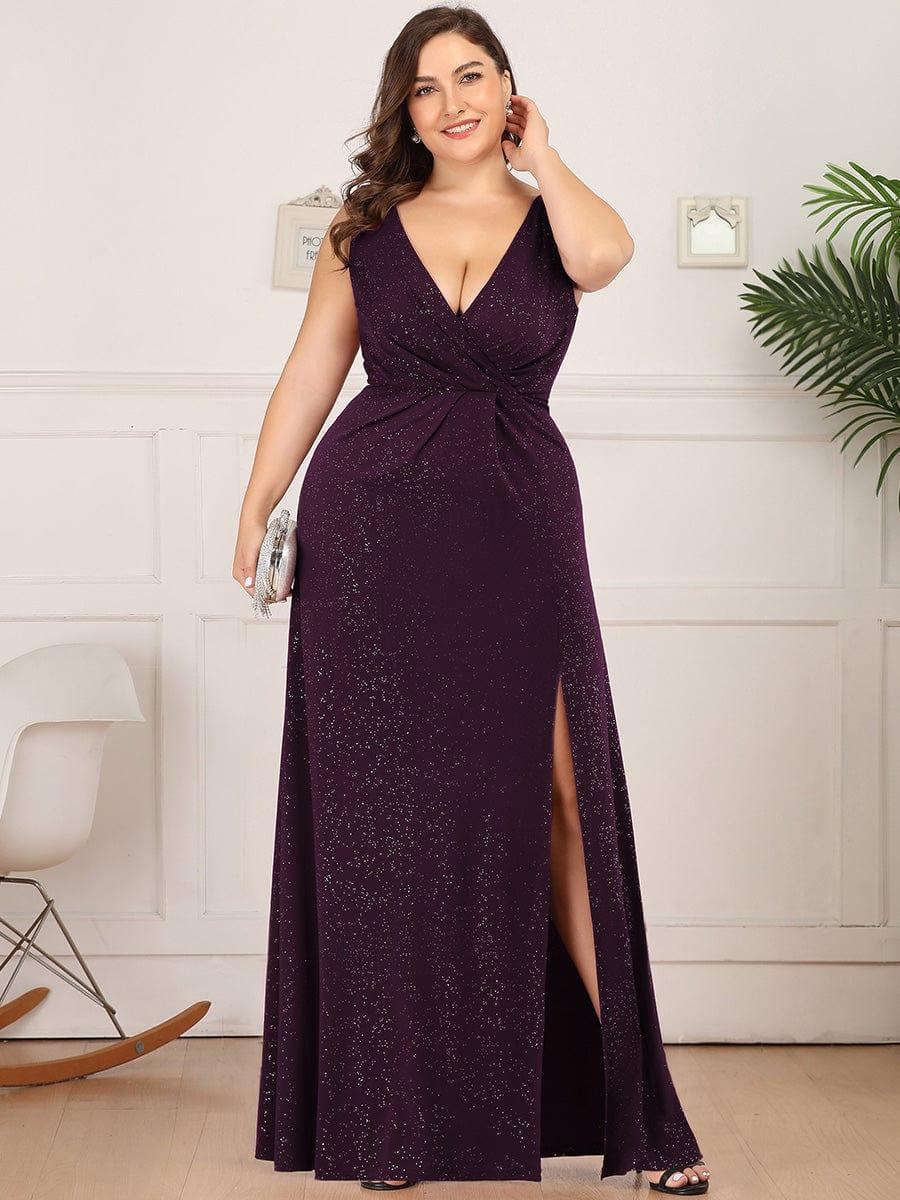 Floor Length V Neck Shimmery Evening Dresses with Side Split - Image 28