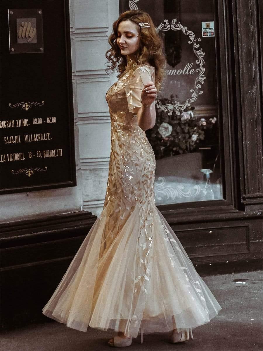 ever JADEN|Sequin Leaf Maxi Long Fishtail Tulle Prom Dresses With Half Sleeves - Image 18