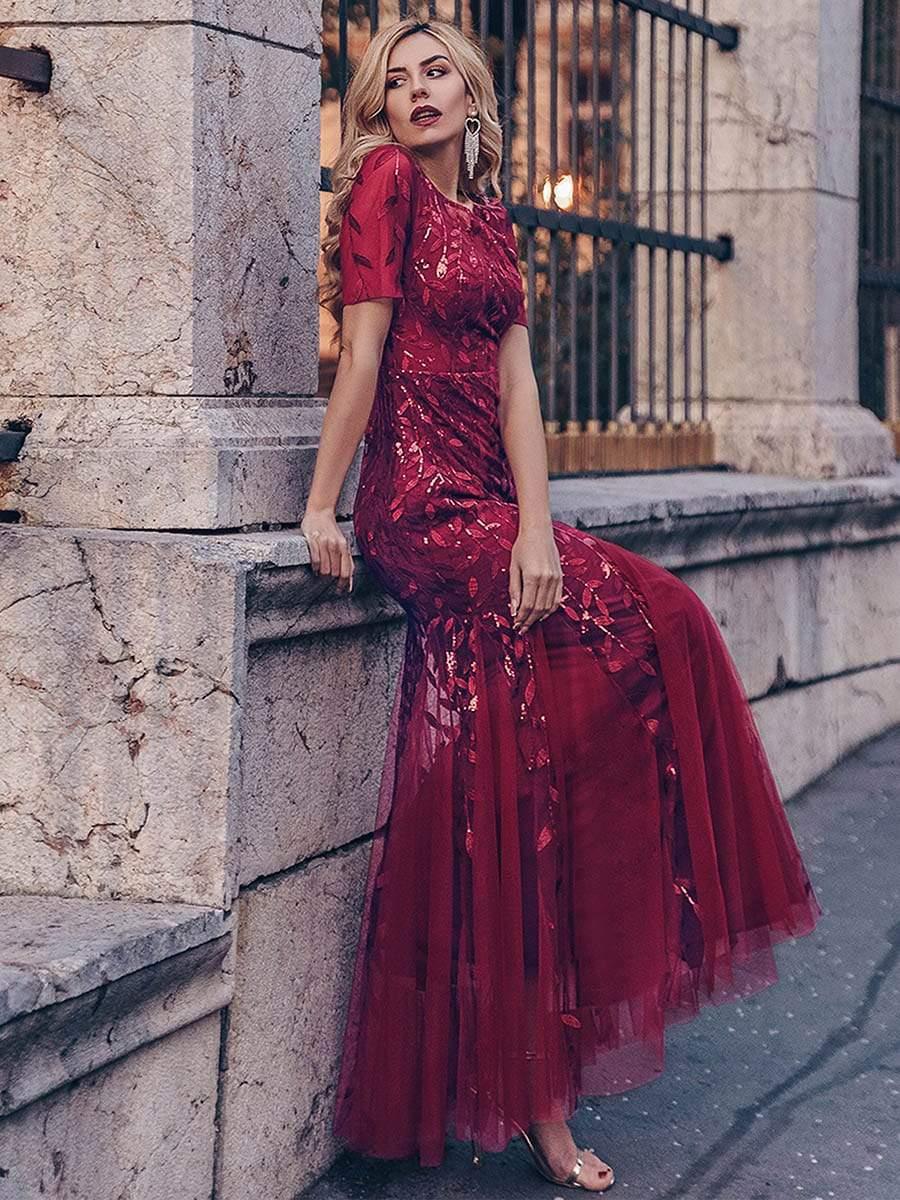 ever JADEN|Sequin Leaf Maxi Long Fishtail Tulle Prom Dress With Half Sleeve - Image 9