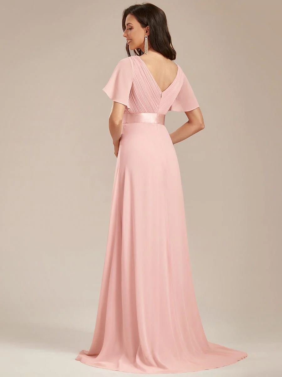 ever MONICA|Long Empire Waist Bridesmaid Dress with Short Flutter Sleeves - Image 31