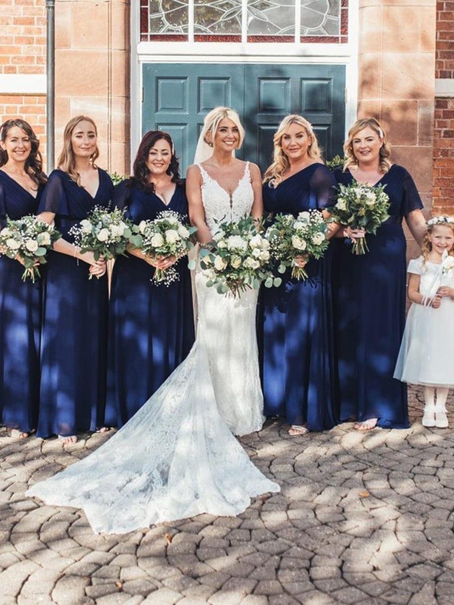 ever MONICA|Long Empire Waist Bridesmaid Dress with Short Flutter Sleeves - Image 44