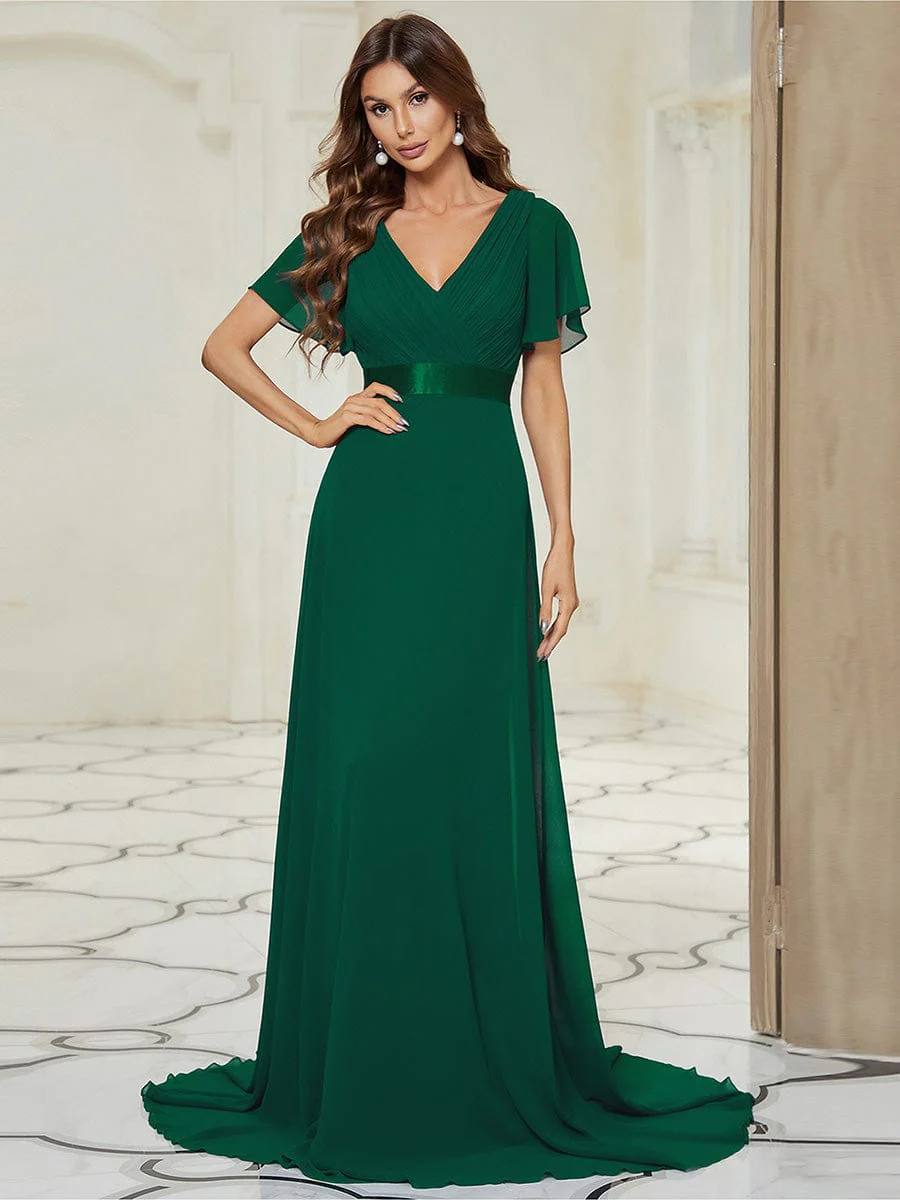 ever MONICA|Long Empire Waist Bridesmaid Dress with Short Flutter Sleeves - Image 8