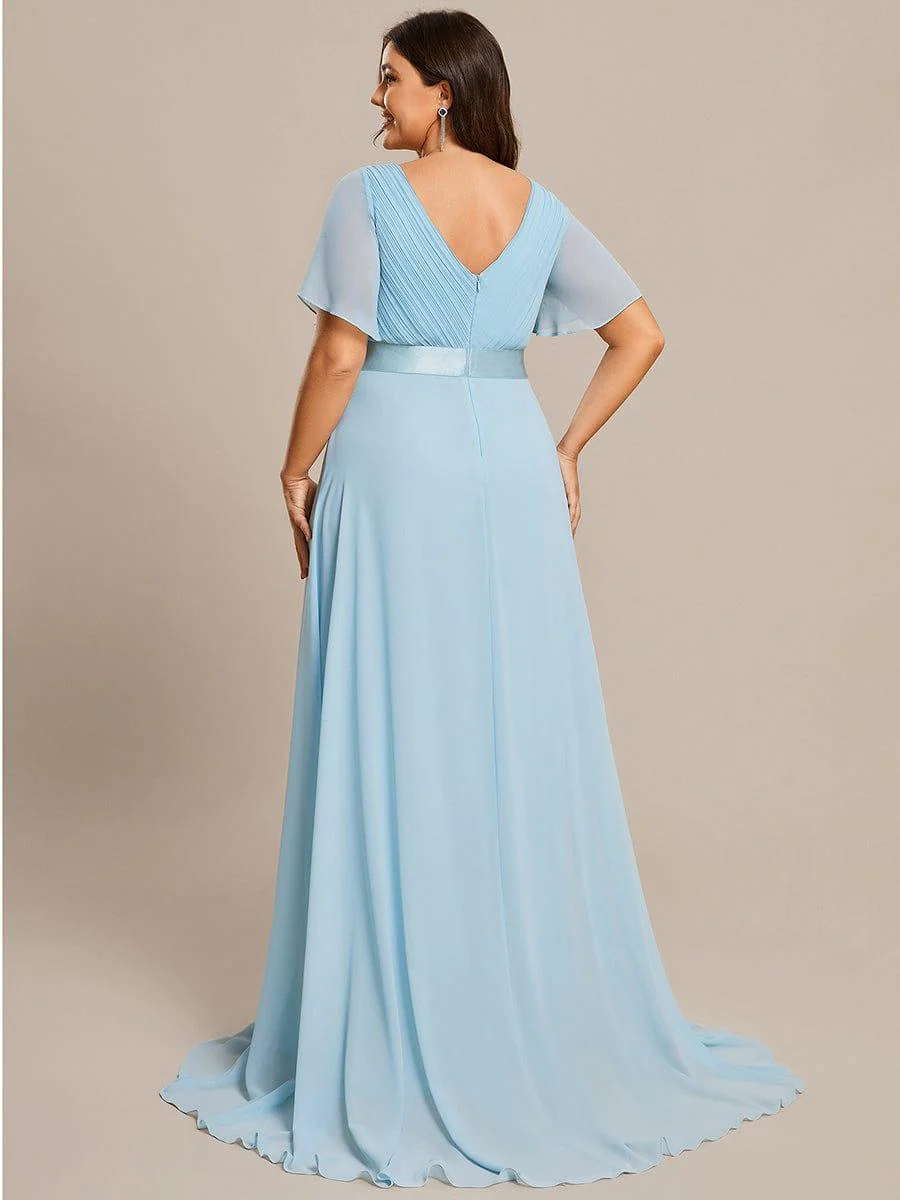 pretty MONICA|Plus Size Long Empire Waist Bridesmaid Dress with Short Flutter Sleeves - Image 116