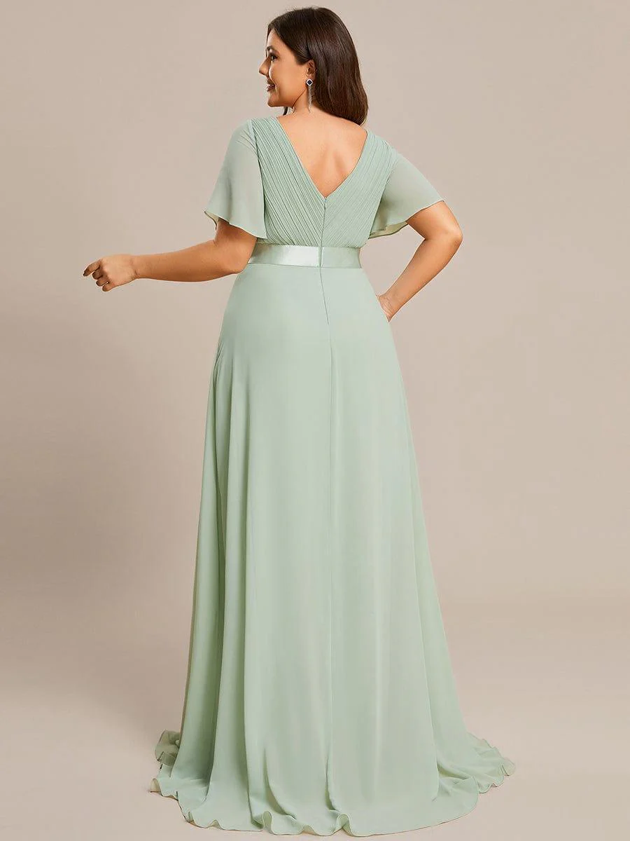 pretty MONICA|Plus Size Long Empire Waist Bridesmaid Dress with Short Flutter Sleeves - Image 120