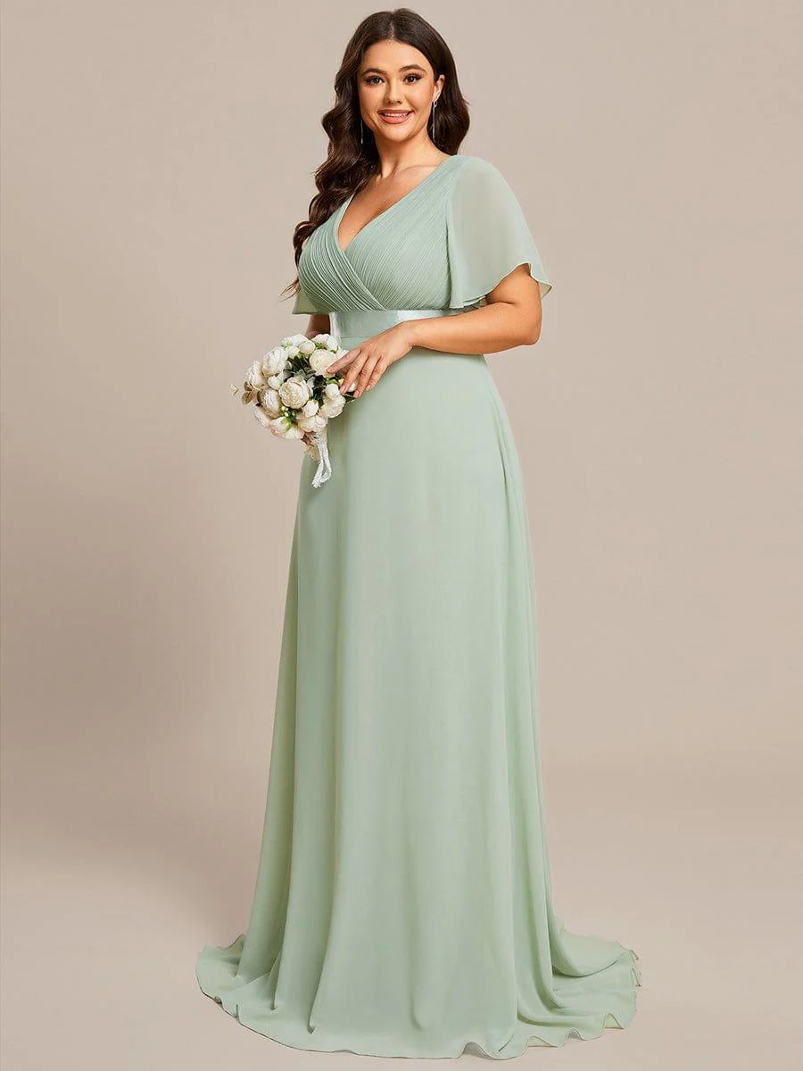 pretty MONICA|Plus Size Long Empire Waist Bridesmaid Dress with Short Flutter Sleeves - Image 122