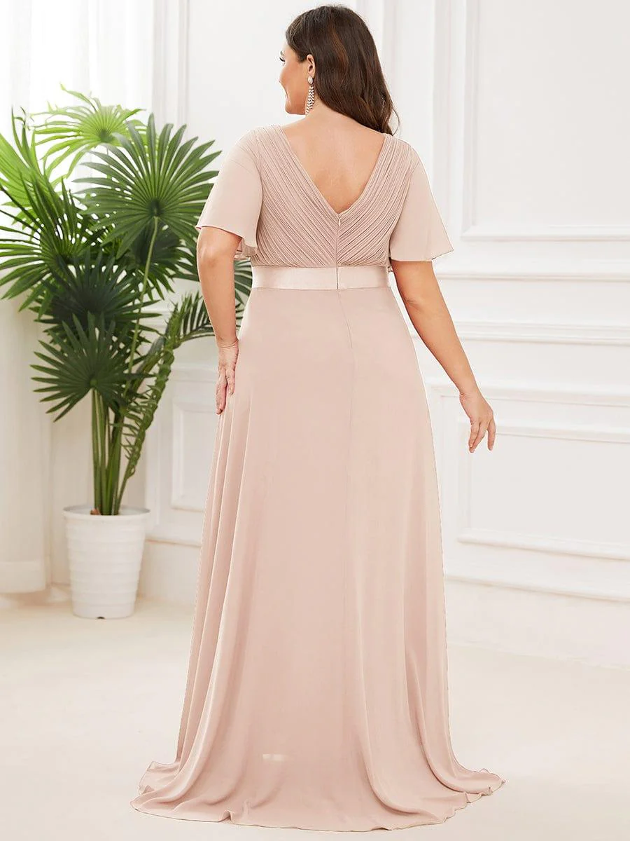 pretty MONICA|Plus Size Long Empire Waist Bridesmaid Dress with Short Flutter Sleeves - Image 125