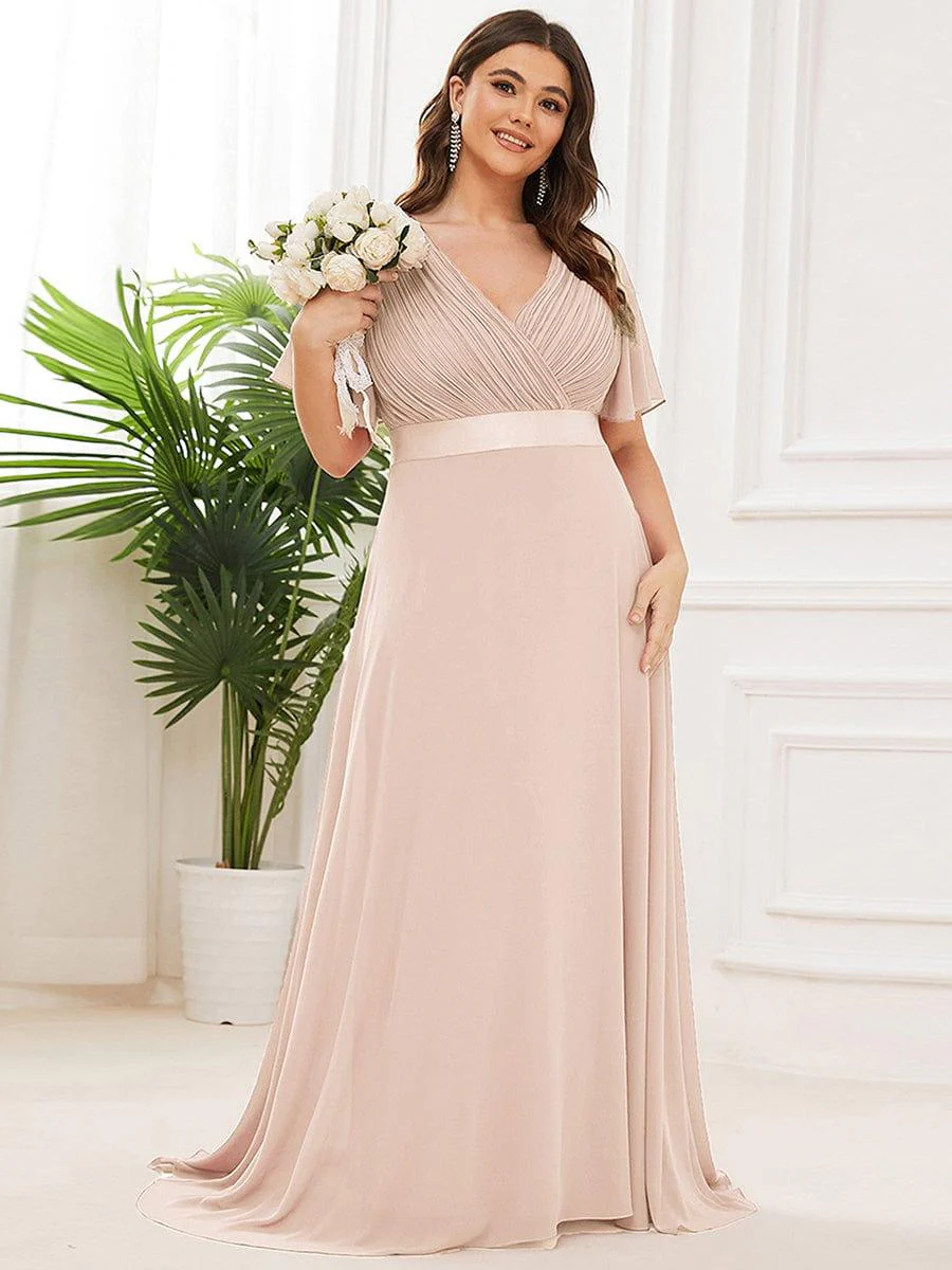 pretty MONICA|Plus Size Long Empire Waist Bridesmaid Dress with Short Flutter Sleeves - Image 128