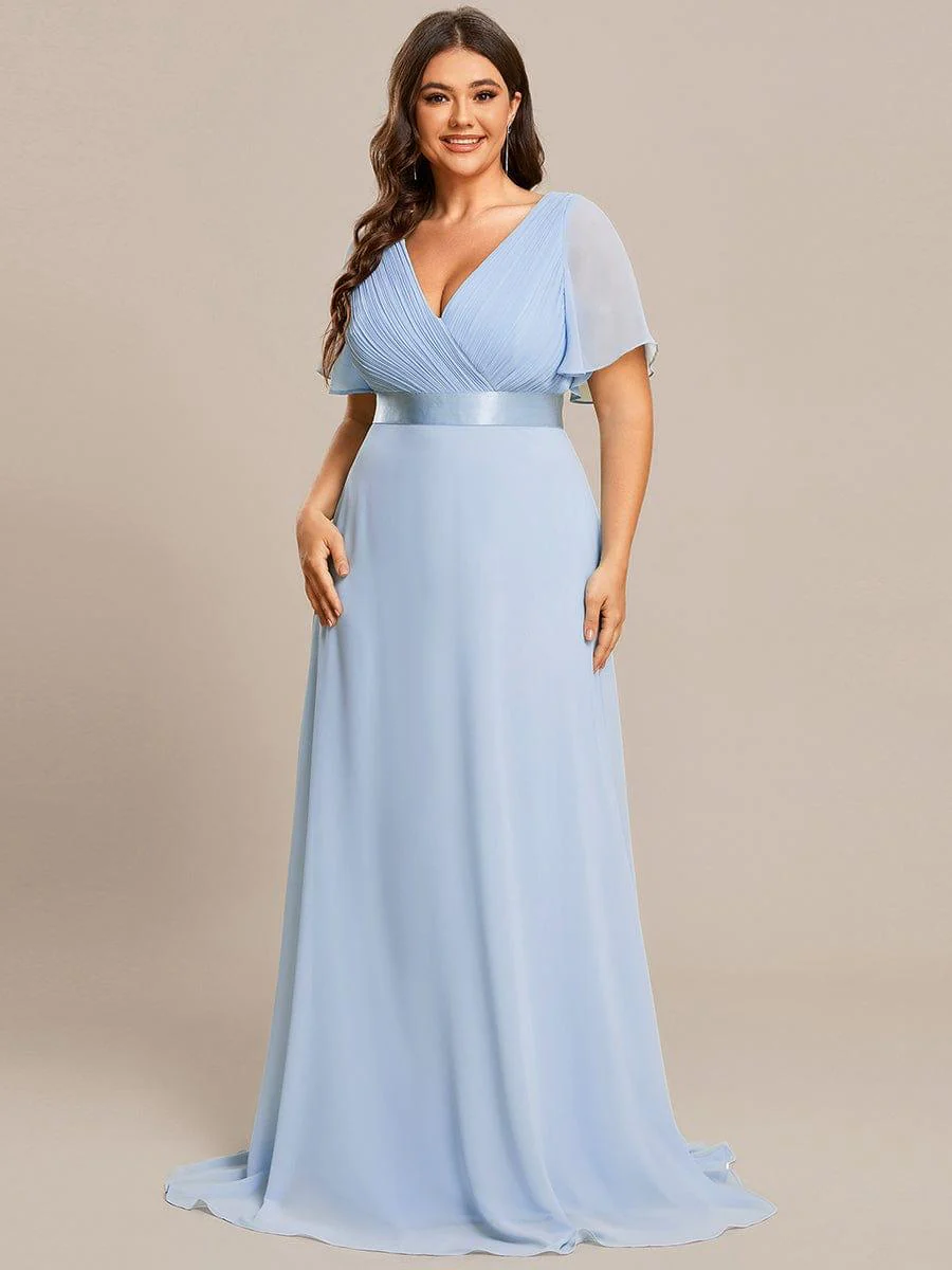 pretty MONICA|Plus Size Long Empire Waist Bridesmaid Dress with Short Flutter Sleeves - Image 136