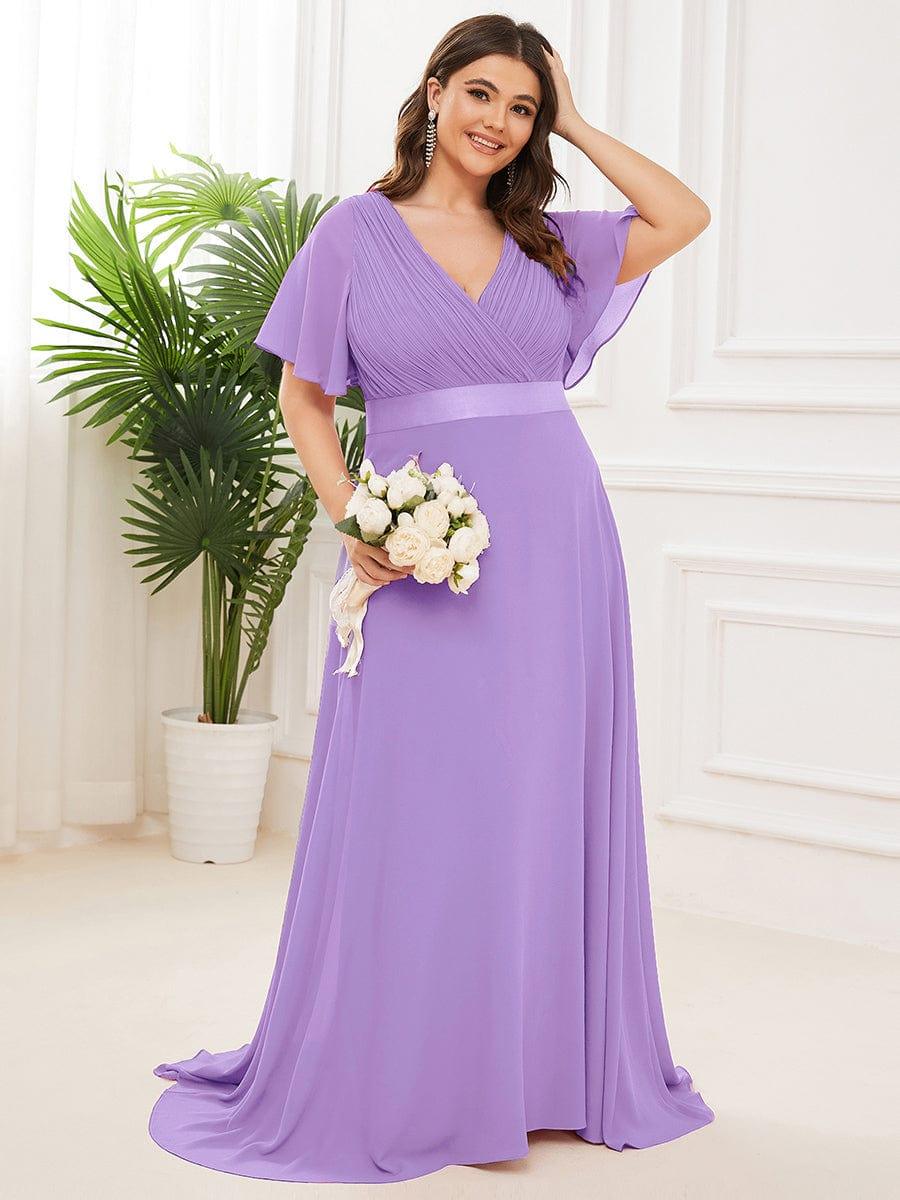 pretty MONICA|Plus Size Long Empire Waist Bridesmaid Dress with Short Flutter Sleeves - Image 142