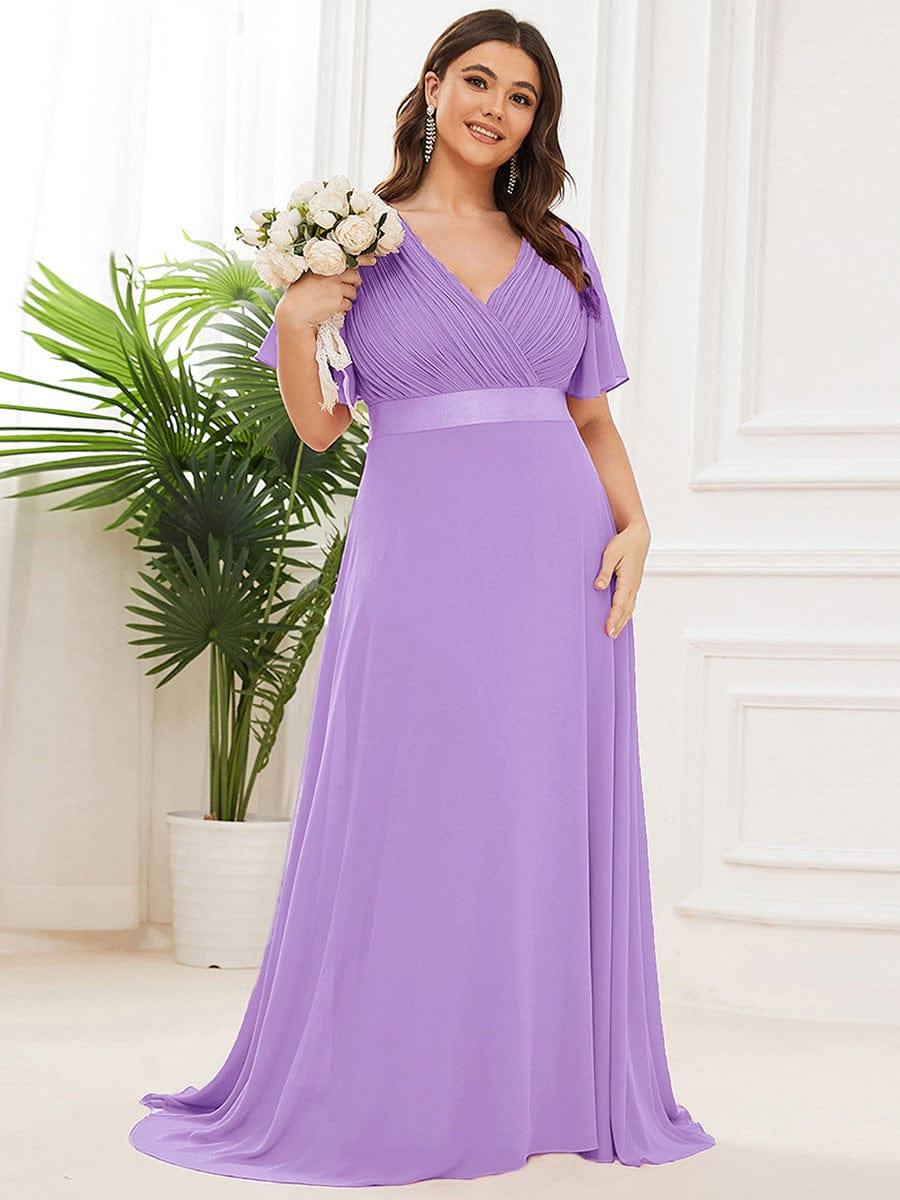 pretty MONICA|Plus Size Long Empire Waist Bridesmaid Dress with Short Flutter Sleeves - Image 145