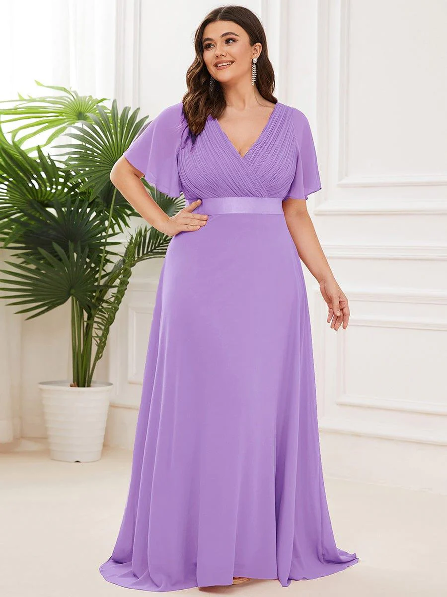 pretty MONICA|Plus Size Long Empire Waist Bridesmaid Dress with Short Flutter Sleeves - Image 146