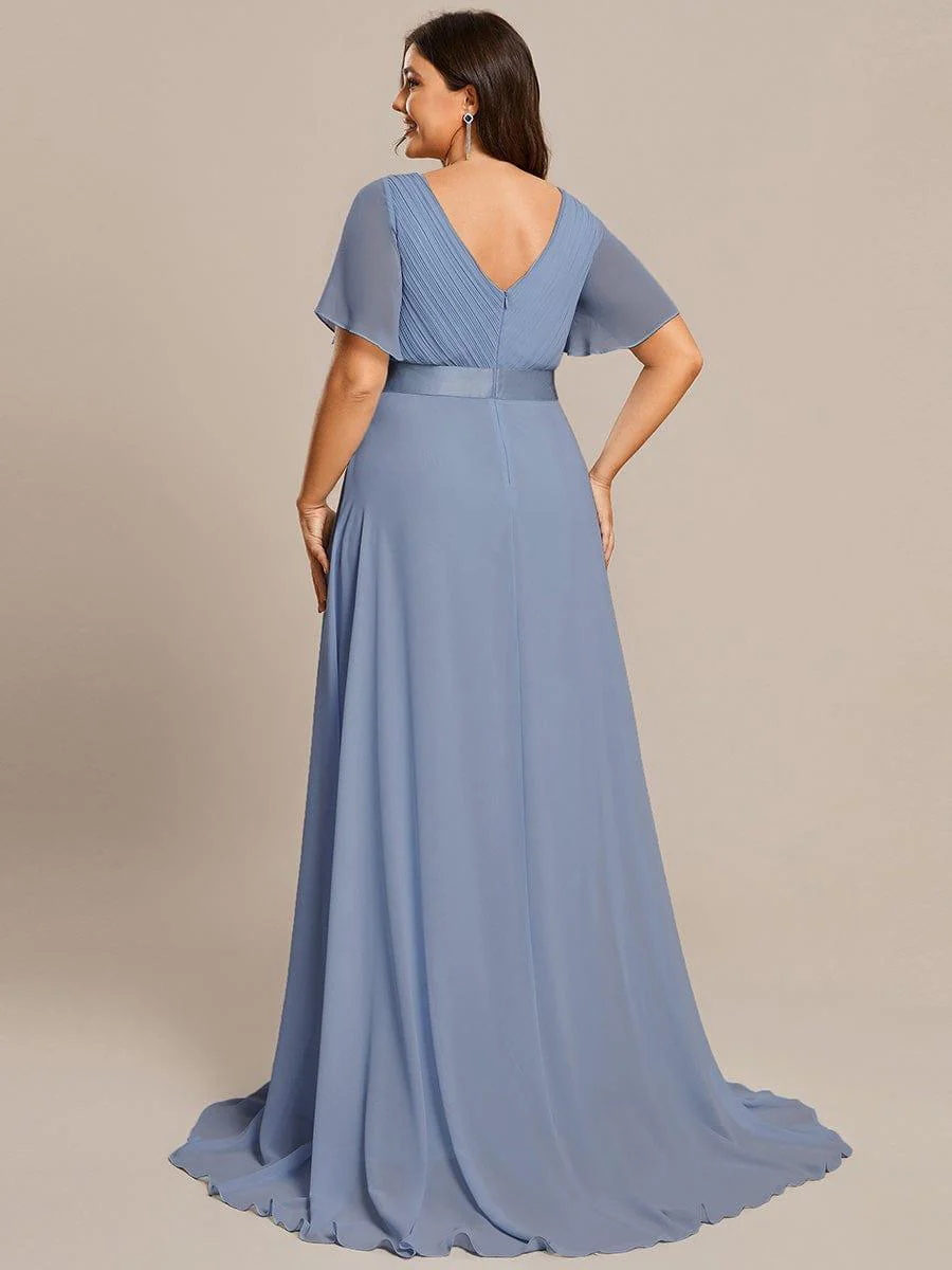 pretty MONICA|Plus Size Long Empire Waist Bridesmaid Dress with Short Flutter Sleeves - Image 163