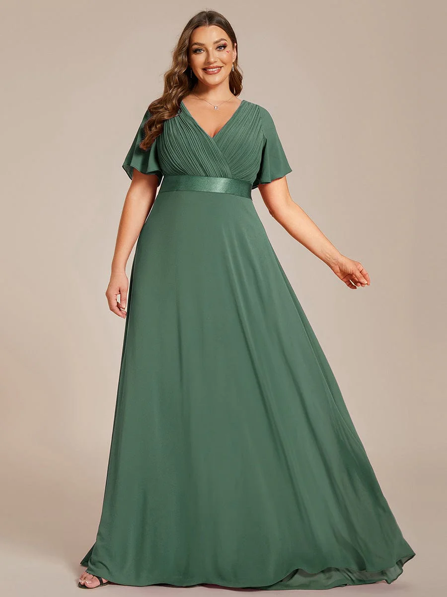 pretty MONICA|Plus Size Long Empire Waist Bridesmaid Dress with Short Flutter Sleeves - Image 182