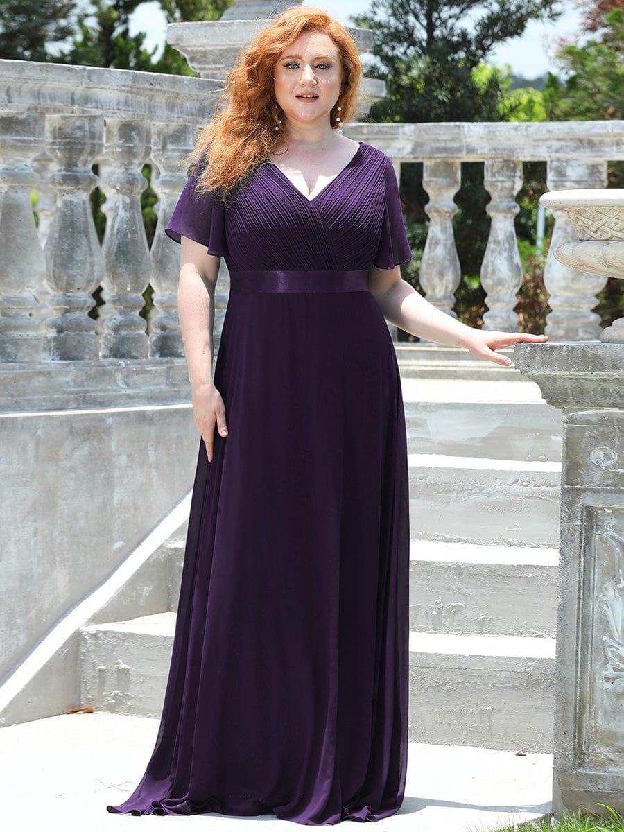 pretty MONICA|Plus Size Long Empire Waist Bridesmaid Dress with Short Flutter Sleeves - Image 21