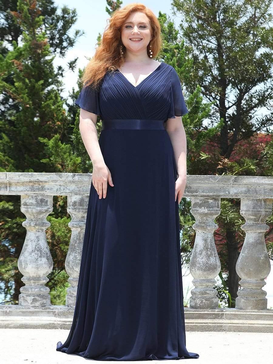 pretty MONICA|Plus Size Long Empire Waist Bridesmaid Dress with Short Flutter Sleeves - Image 30