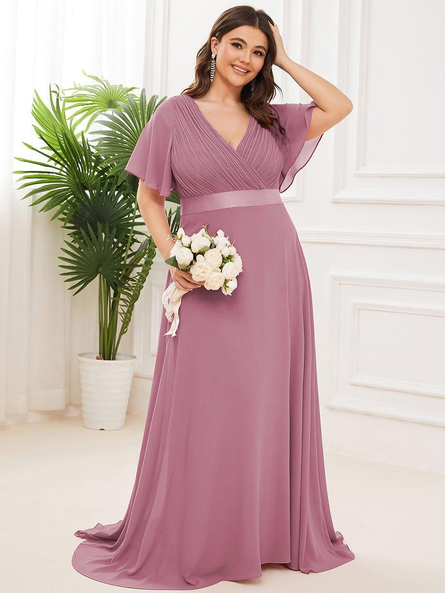 pretty MONICA|Plus Size Long Empire Waist Bridesmaid Dress with Short Flutter Sleeves - Image 72