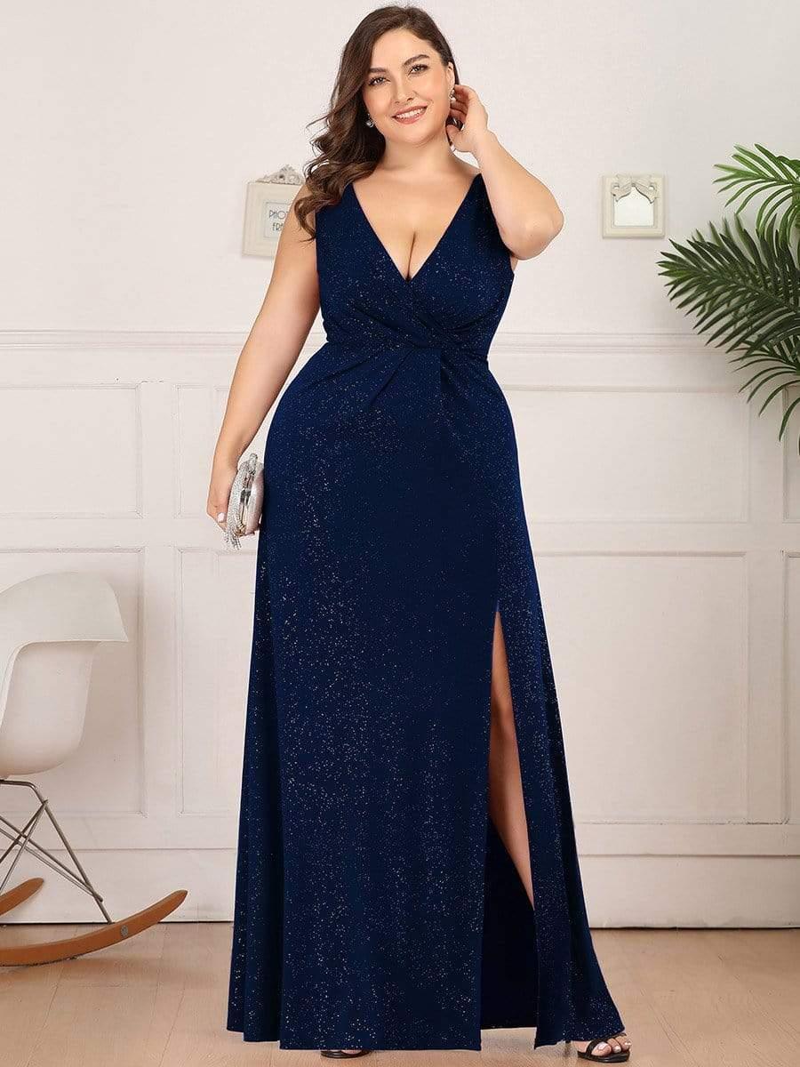 Long V Neck Shimmery Wedding Guest Dress with Side Split - Image 12