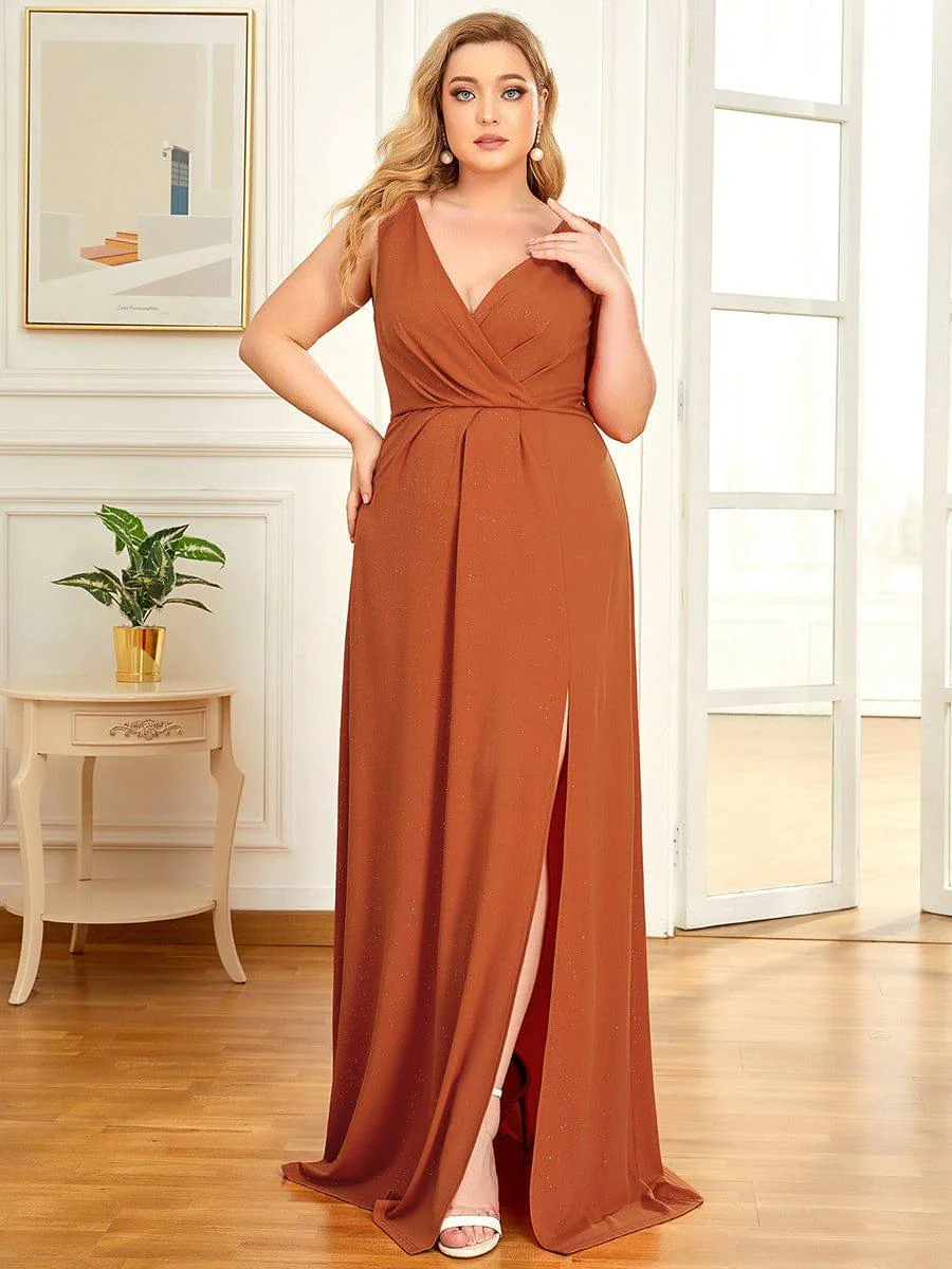 Long V Neck Shimmery Wedding Guest Dress with Side Split - Image 28