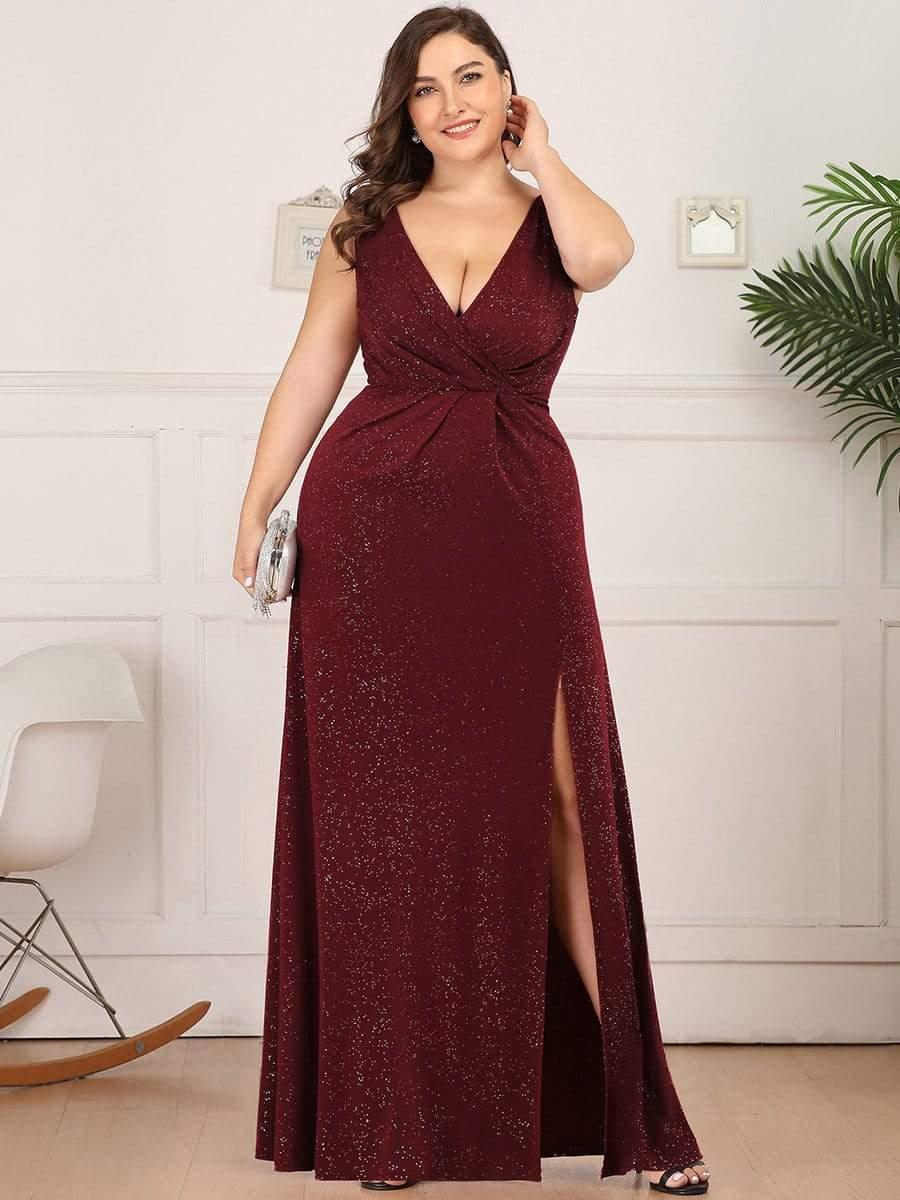 Long V Neck Shimmery Wedding Guest Dress with Side Split - Image 37