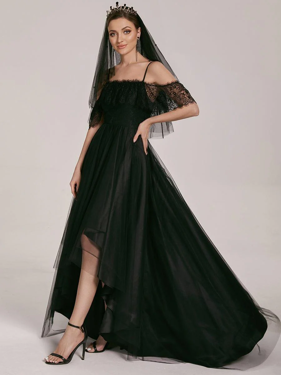 Maxi Long Spaghetti Straps High Low Lace Wedding Dress - Image 13