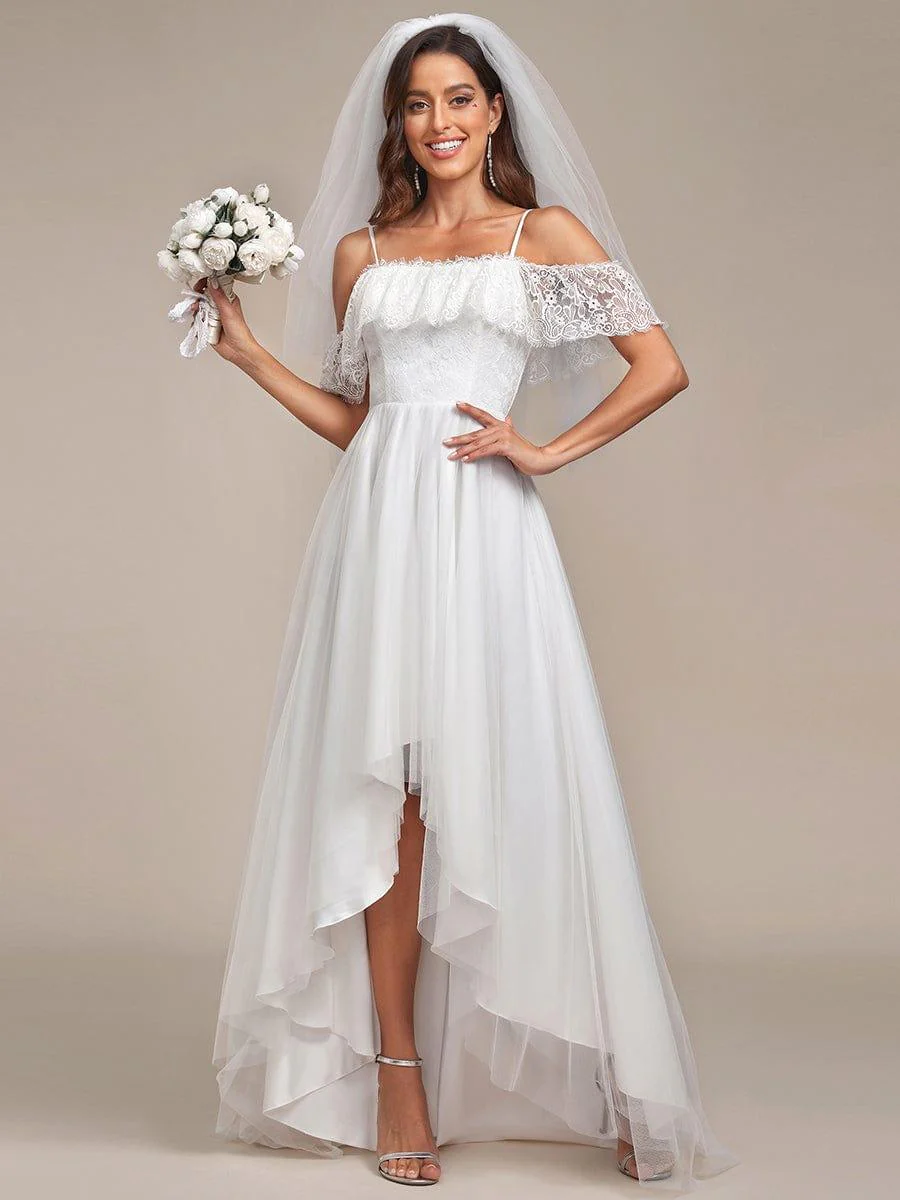 Maxi Long Spaghetti Straps High Low Lace Wedding Dress - Image 5