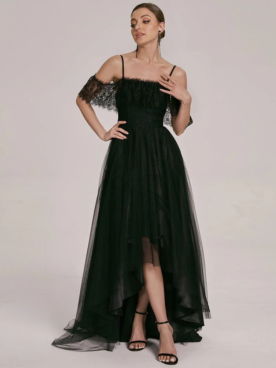 Maxi Long Spaghetti Straps High Low Lace Wedding Dress - Image 9