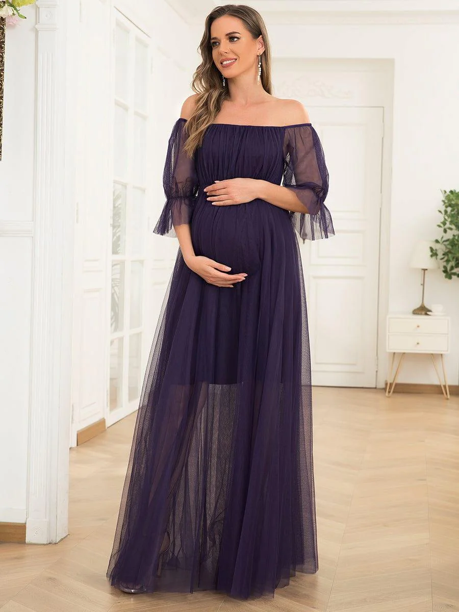 Off the Shoulder Pleated Tulle Maxi Maternity Dress - Image 10