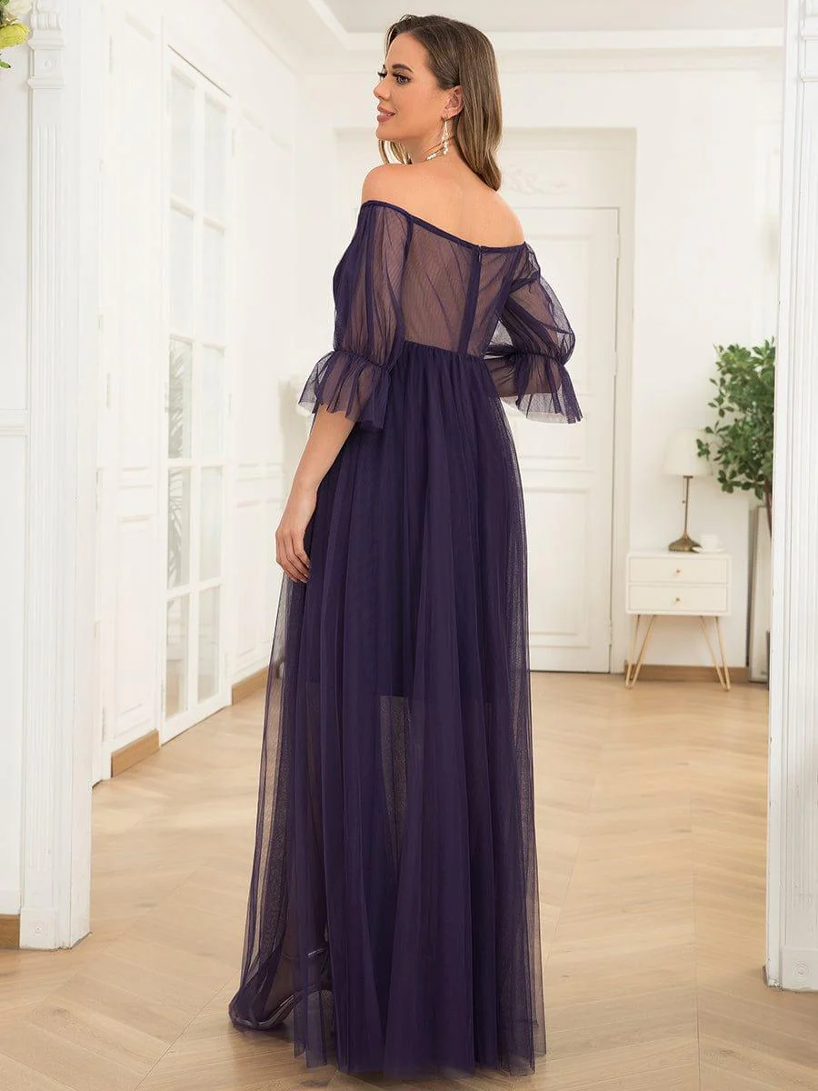 Off the Shoulder Pleated Tulle Maxi Maternity Dress - Image 11