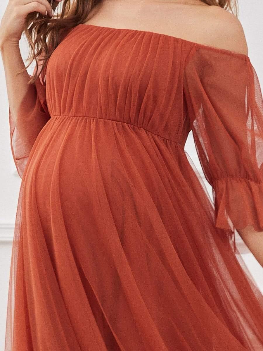 Off the Shoulder Pleated Tulle Maxi Maternity Dress - Image 8