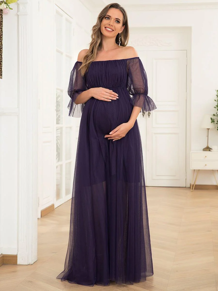 Off the Shoulder Pleated Tulle Maxi Maternity Wedding Guest Dress - Image 28